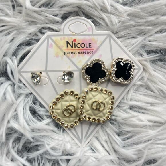 Nicole Purest Essence Women’s Mixed Rhinestone Clover Stud 3-Pair Earring Set - Picture 2 of 4